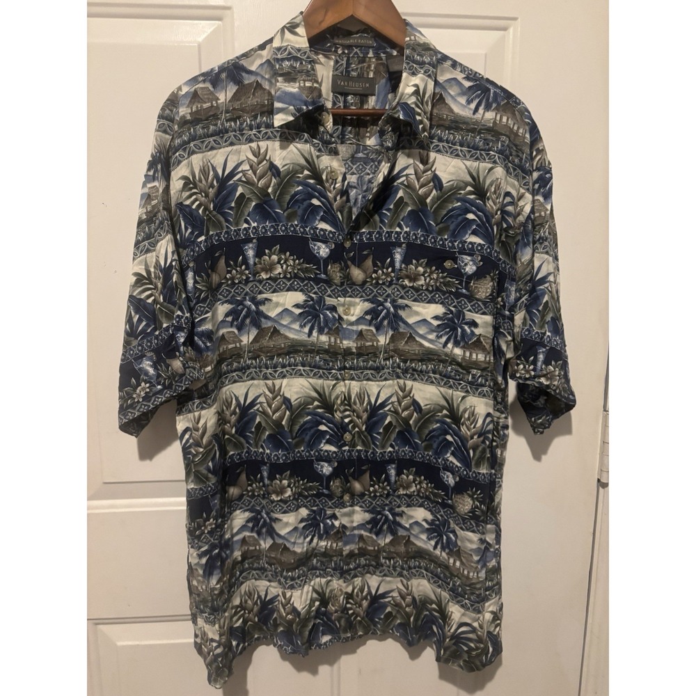 Van Heusen‎ Hawaiian Shirt Tropical Aloha Button Up Floral Short Sleeve Large